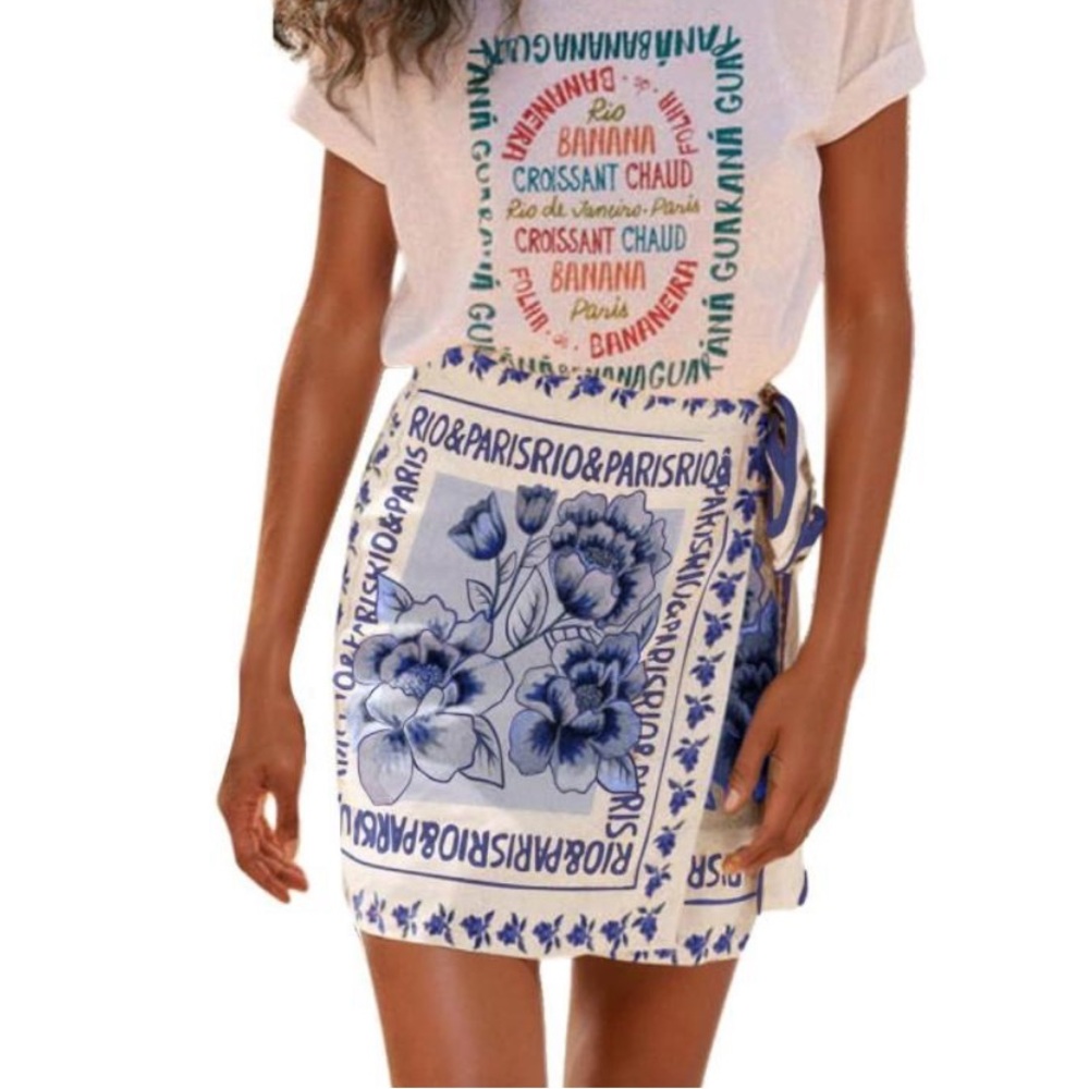 💵Chartou Floral Blue and White Wrap Mini Skirt Size Small